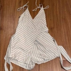 Tan and white stripe wrap romper